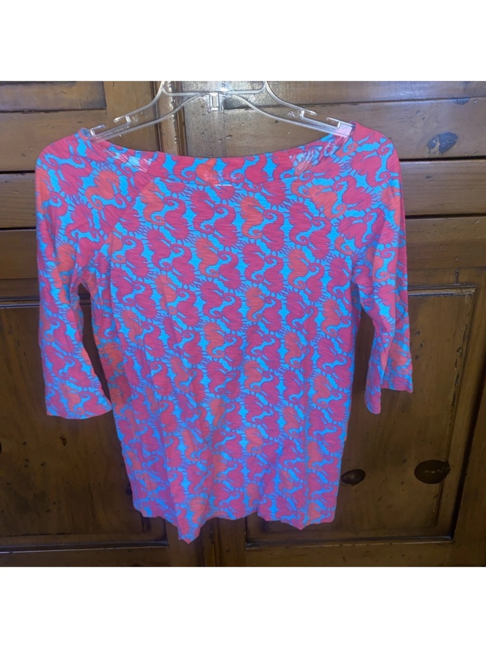 LILLY PULITZER Cassie Slub Knit 3/4 Sleeve Seahorse Print Boatneck Top-MEDIUM